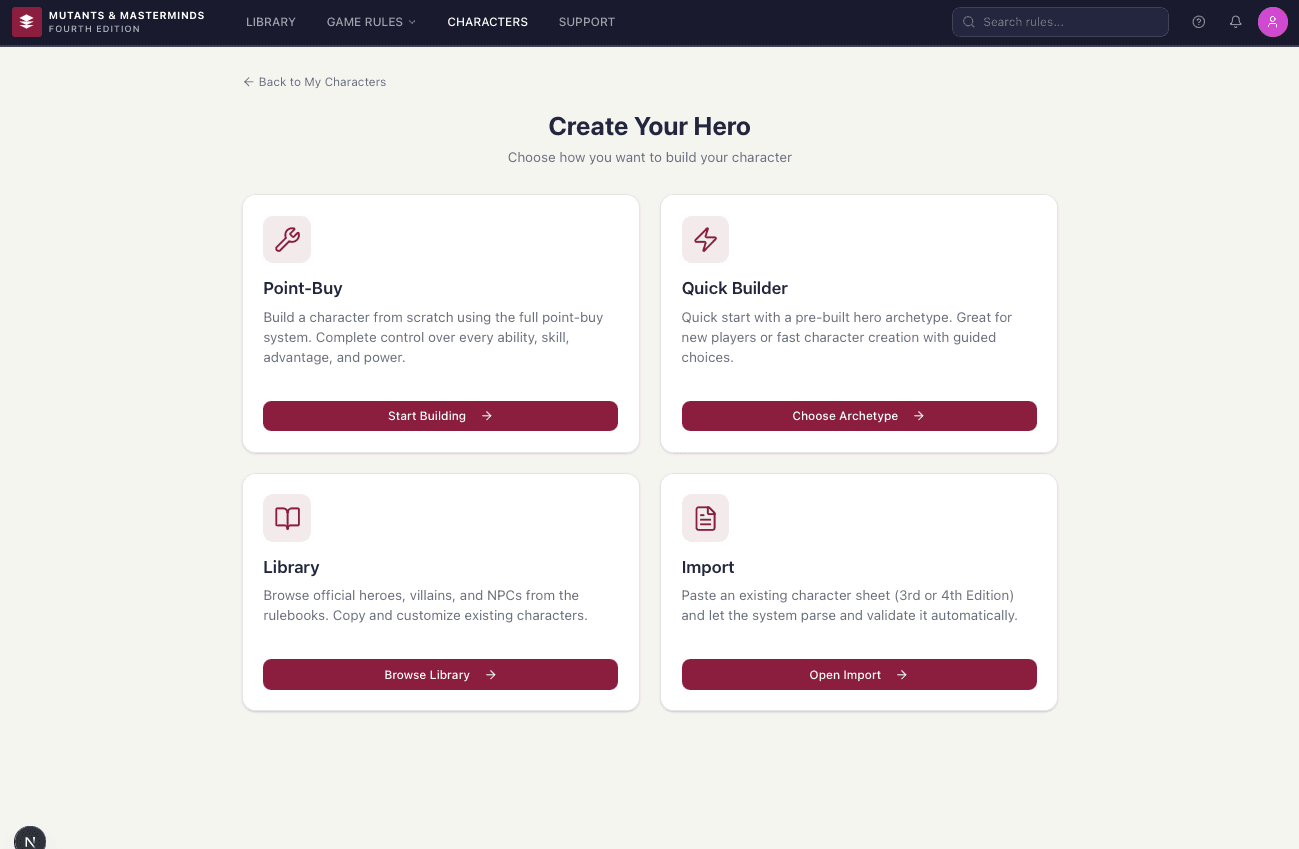 Create Your Hero interface showing four character building options